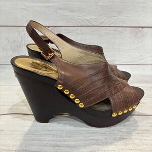Michael Kors Wedge Sandals Womens 9.5 Brown Woven Leather Studded